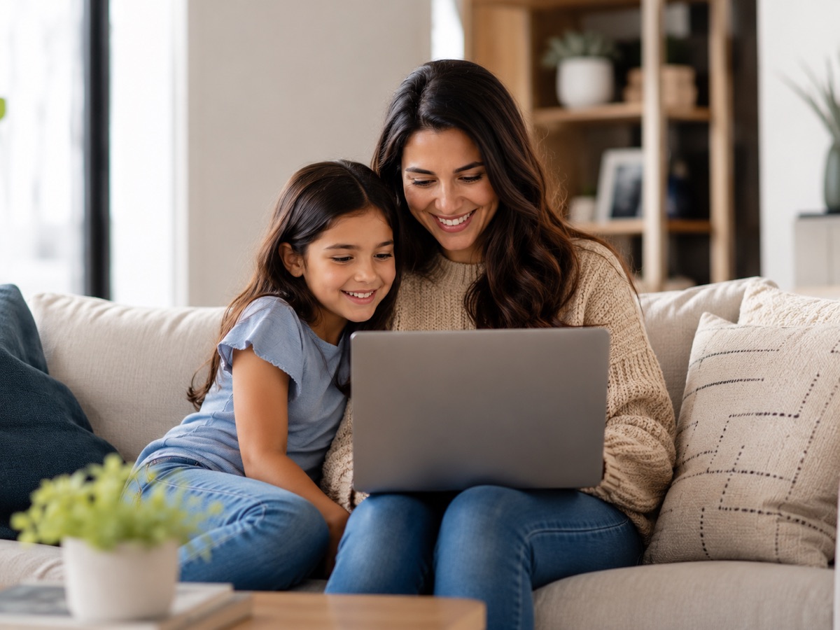 A parent and child sitting on a sofa, smiling at a laptop together